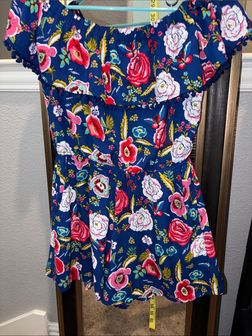 As U Wish Navy Floral Off-Shoulder Romper with Pink & Red Flowers